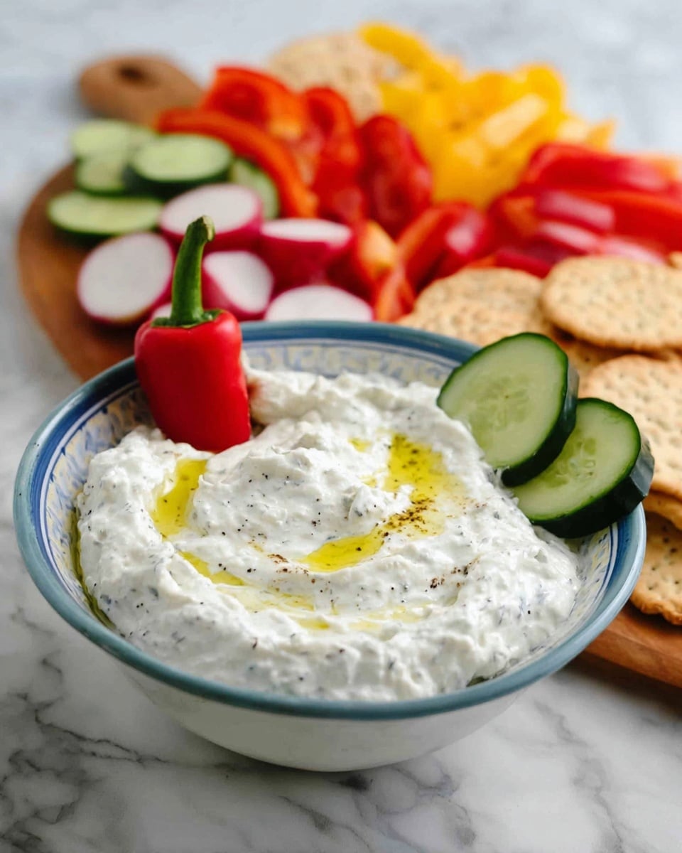 A white bowl with a blue rim holds a thick, creamy white dip that has small black specks mixed inside, with a drizzle of yellow olive oil on top. On the side of the bowl, there are three green cucumber slices and one small bright red pepper standing upright. Behind the bowl, a wooden board filled with red and yellow mini peppers, cucumber slices, round crackers, and radishes sits on a white marbled surface. The image is close-up with soft lighting, showing the fresh colors and textures clearly. photo taken with an iphone --ar 4:5 --v 7