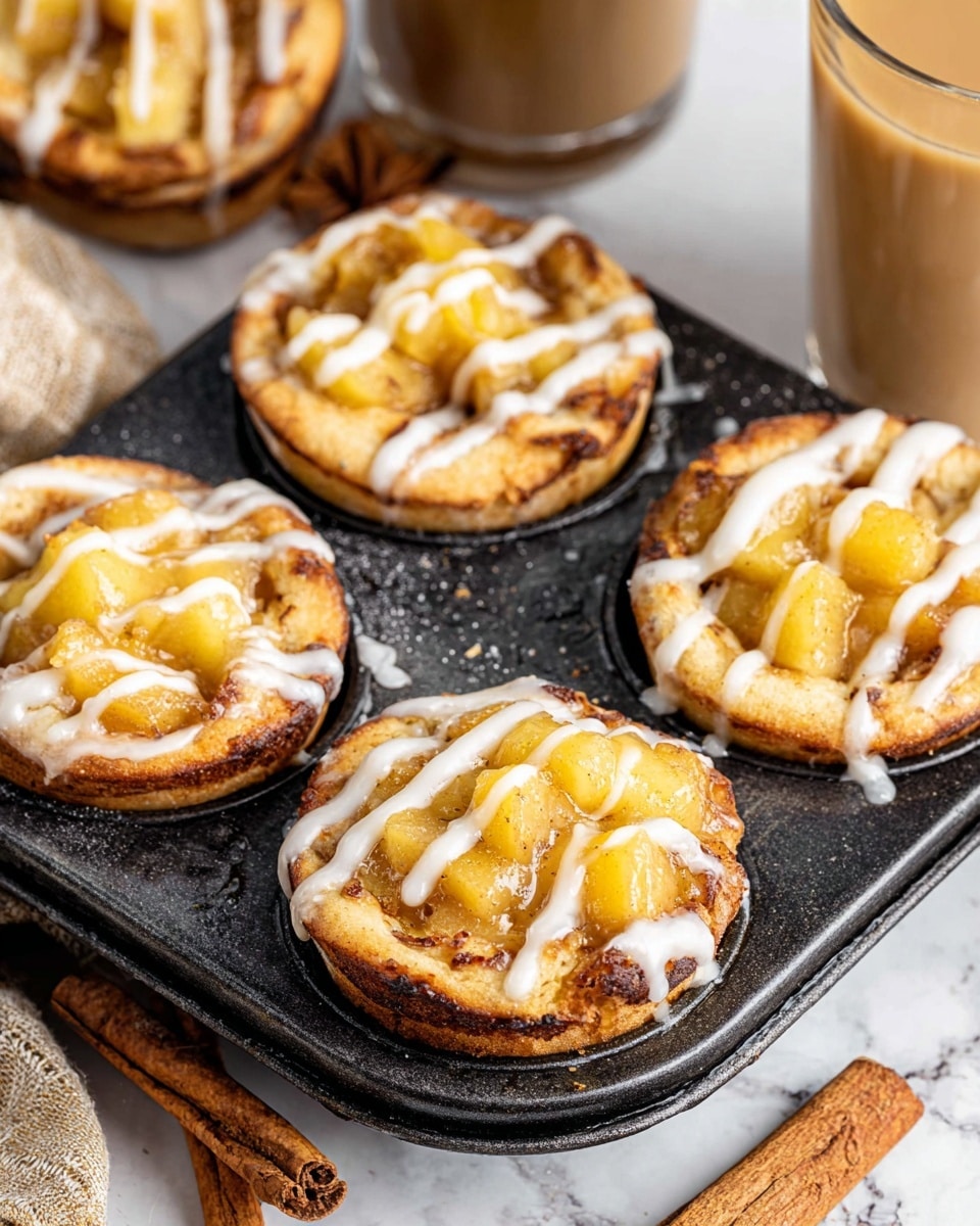 The image shows a close-up of four mini desserts in a black muffin tray on a white marbled surface. Each dessert has a base layer of golden brown baked dough, topped with a chunky light yellow apple filling, and finished with white icing drizzled across in thin lines. Around the tray, there are cinnamon sticks and part of a glass with a light brown drink, adding a cozy feel to the scene. photo taken with an iphone --ar 4:5 --v 7