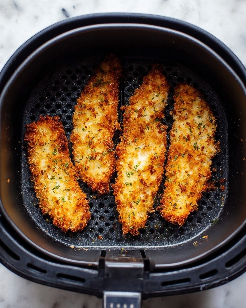 Four pieces of golden brown crispy breaded strips lie evenly spaced inside a black air fryer basket with a perforated bottom. The texture of the strips shows a crunchy crust with small green herb bits mixed in. The basket sits on a white marbled surface. Photo taken with an iphone --ar 4:5 --v 7