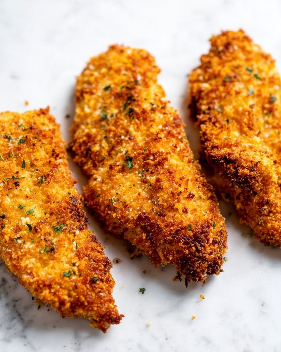 Three pieces of golden brown crispy breaded chicken strips are placed side by side on a white marbled surface. The breading is rough and crunchy with a mix of small crunchy crumbs and visible green herb bits scattered throughout. The chicken pieces have an uneven but thick coating of the breading, showing a deep fried texture with some darker browned spots. The texture looks crunchy and well-cooked, covering each chicken strip fully. Photo taken with an iphone --ar 4:5 --v 7