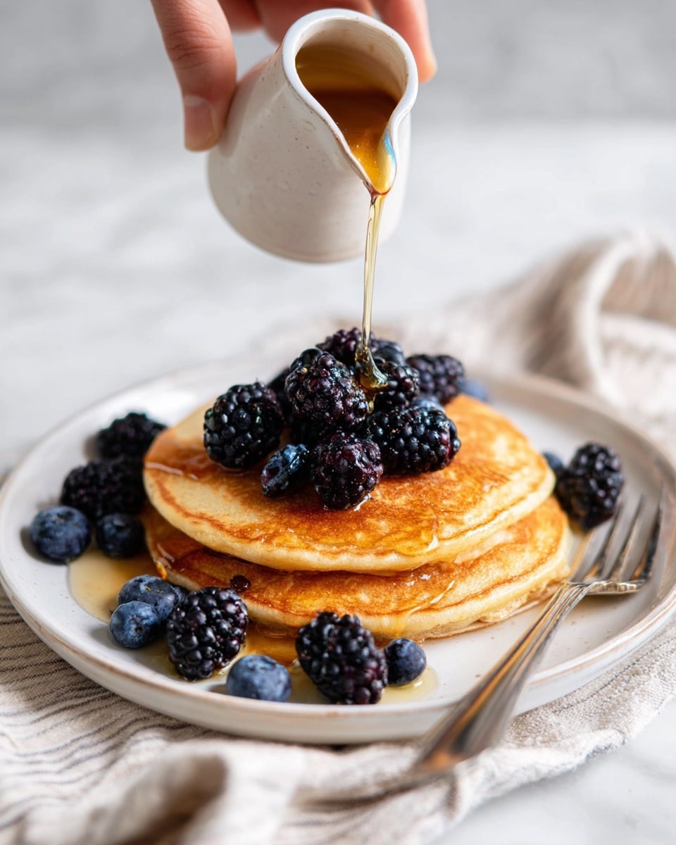 A white plate holds a stack of three golden-brown pancakes with a smooth, slightly crispy texture. On top of the pancakes, there is a small pile of blackberries and blueberries, both fresh and plump, with the blackberries being glossy and dark, and the blueberries having a soft blue hue with a light sheen. A woman's hand is pouring a thin stream of amber syrup from a small white ceramic pitcher, drizzling over the berries and pancakes. Around the plate, more blackberries and blueberries are scattered. A silver fork lies diagonally on the right side of the plate, resting on a light cloth with a soft, striped pattern. The whole setup sits on a white marbled surface photo taken with an iphone --ar 4:5 --v 7