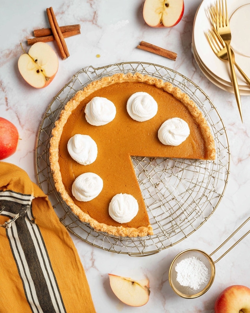 A round pumpkin pie with a golden-brown crust sits on a wire rack over a white marbled surface. The pie has a smooth, orange-brown filling with five dollops of white whipped cream evenly spaced on top. One slice is removed and slightly pulled out, showing the clean edges of the filling. Around the pie, there are red apple slices, two cinnamon sticks, a yellow cloth with black stripes, a small gold sifter with powdered sugar, and two stacked white plates with two gold forks on top. photo taken with an iphone --ar 4:5 --v 7