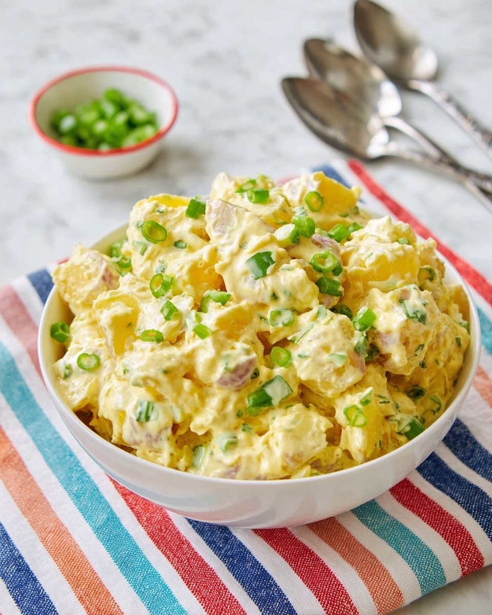 A white bowl filled with creamy potato salad sits on a white marbled surface with a red, white, and blue plaid cloth underneath. The potato salad has chunky pieces of yellow potatoes mixed with a thick, light yellow creamy dressing, and is topped with chopped green onions scattered evenly over the top. Two large metal spoons rest beside the bowl, and a small white bowl with a red rim, filled with more chopped green onions, is nearby. The overall look is fresh and inviting with a simple homey style photo taken with an iphone --ar 4:5 --v 7