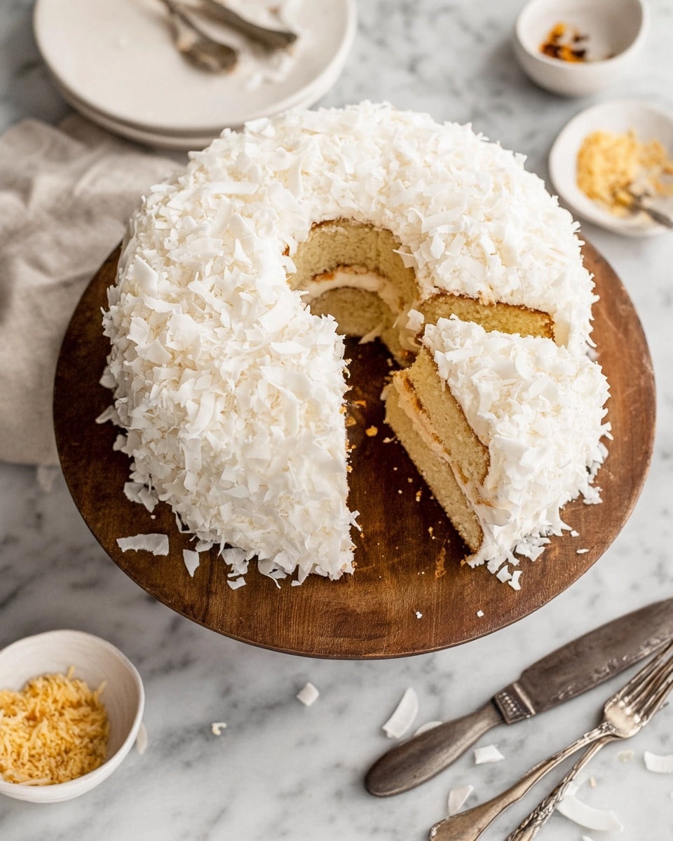 A sliced bundt cake on a wooden board sits on a white marbled surface. The cake has three layers: a soft light yellow sponge base, a thick creamy white frosting layer in the middle, and a thick outer layer covered in white shredded coconut. The top and sides are fully coated with the coconut, giving the cake a fluffy, textured look. A small bowl with brown crumbs and a woman's hand about to pick a slice are partially visible in the background. photo taken with an iphone --ar 4:5 --v 7