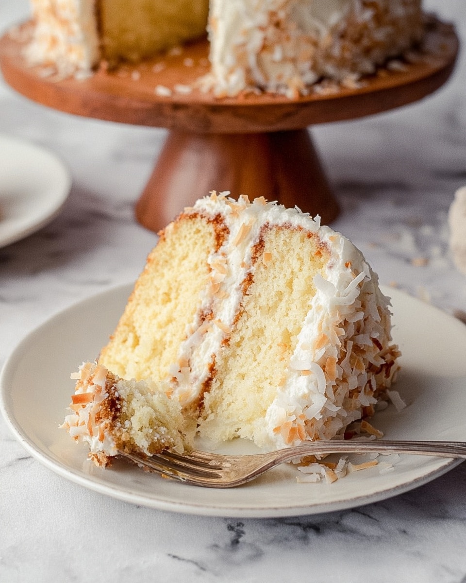 A slice of two-layer vanilla cake sits on a white plate with a silver fork holding a small bite. The cake layers are light yellow and soft in texture, with a layer of light brown frosting mixed with toasted coconut flakes between and on one side. The rest of the cake is covered with white frosting and some scattered toasted flakes. The background is a white marbled surface and a wooden cake stand with the remaining cake is blurred in the back. Photo taken with an iphone --ar 4:5 --v 7