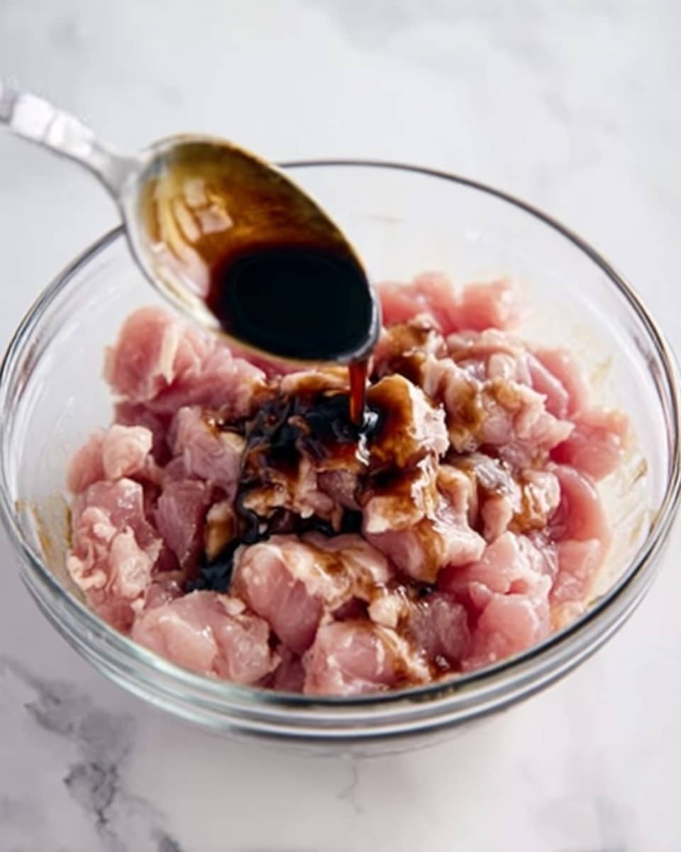 A clear glass bowl sits on a white marbled surface filled with raw pieces of pink chicken meat evenly spread out. On top of the chicken, dark brown soy sauce is being poured from a metal spoon held by a woman's hand, creating glossy pools over the meat. The textures show shiny, wet sauce contrasting with the soft flesh of the chicken. The overall look captures an early stage of marinating, with the layers clearly visible: the smooth glass bowl, pink chicken chunks below, and the rich dark sauce above. photo taken with an iphone --ar 4:5 --v 7