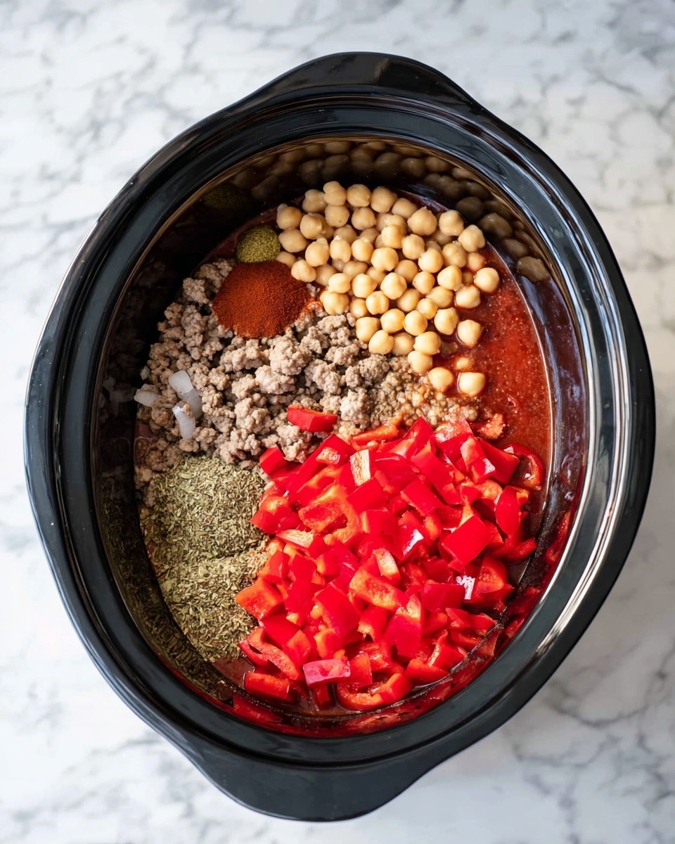 Inside a black slow cooker, there are four main layers arranged side by side. In the bottom left, a layer of cooked ground meat mixed with small pieces of cooked onions shows a light brown and grey texture. To the right of this, there is a layer of bright red chopped bell peppers with smooth, shiny surfaces. Above the peppers, a layer of light beige chickpeas sits in a thick, dark red sauce that fills the bottom. To the left of the chickpeas, there are two piles of spices—one darker brown and finely ground, the other green and dried. The slow cooker is placed on a white marbled surface. photo taken with an iphone --ar 4:5 --v 7