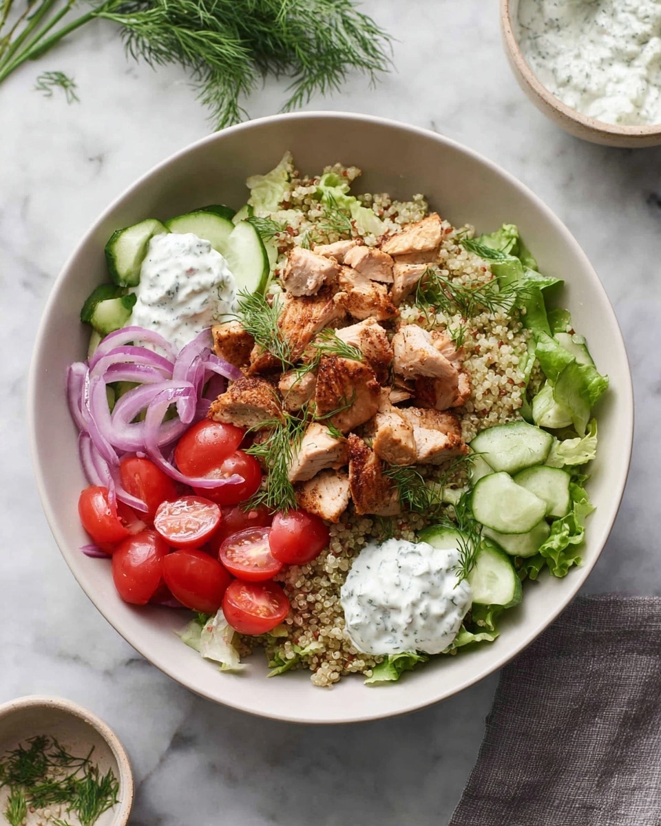A white bowl filled with a layered salad starting with a base of green lettuce and pale quinoa spread evenly at the bottom, topped with pieces of grilled chicken in a light brown color scattered in the center. On top and around the chicken, there are thin slices of light green cucumber, bright red halved cherry tomatoes, and thin rings of purple-red onion. Two dollops of white creamy sauce with green herb specks are placed on opposite sides of the bowl. Small sprigs of fresh dill garnish the salad. The bowl sits on a white marbled surface with a small bunch of dill nearby and two other bowls partially visible in the background. Photo taken with an iphone --ar 4:5 --v 7