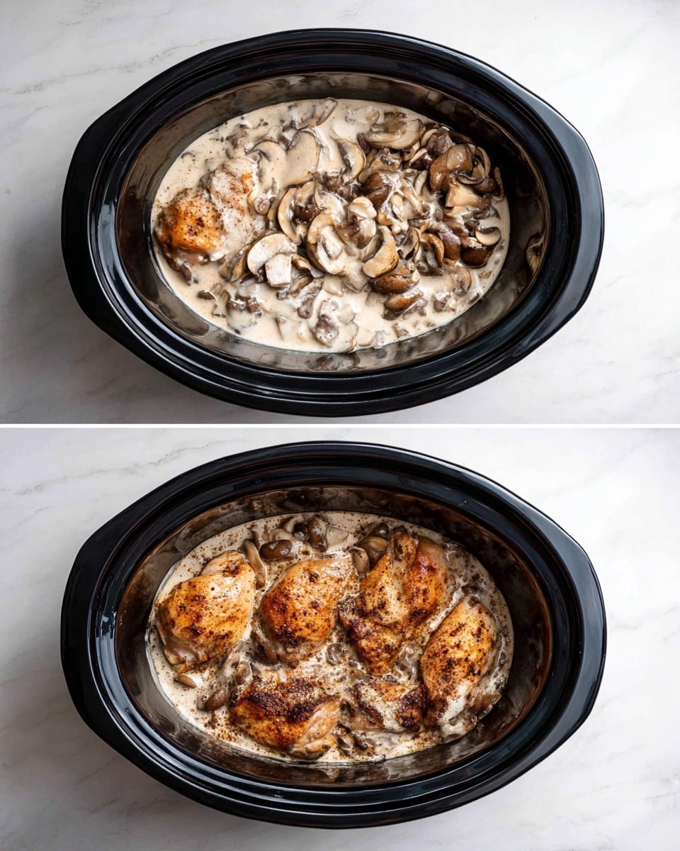The image shows a black slow cooker with four steps of a dish inside, placed on a white marbled surface. The first step has three pieces of chicken seasoned with dark brown spices tightly arranged side by side at the bottom. The second step adds a thick layer of thinly sliced white mushrooms covering the chicken fully. The third step shows the mushrooms browned and mixed with the cooked chicken underneath, forming a textured and slightly greasy brown mushroom layer. The final fourth step adds a creamy white sauce poured over the mushrooms and chicken, spreading evenly across the top. Photo taken with an iphone --ar 4:5 --v 7