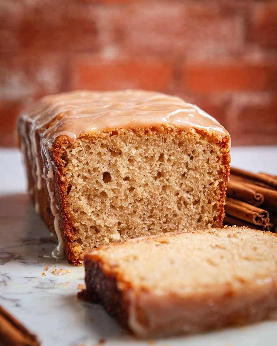 The image shows a slice of moist, light brown cake with a soft and crumbly texture, placed in front of a larger loaf of the same cake. The loaf is topped with a thin, shiny glaze that drips down the sides slightly, giving a smooth light beige layer on top. The interior of the cake has a dense crumb structure with small holes, showing a slightly darker brown crust at the edges. The cake rests on a white marbled surface, next to a group of cinnamon sticks on the right side. The background is blurred with warm brick colors. Photo taken with an iphone --ar 4:5 --v 7