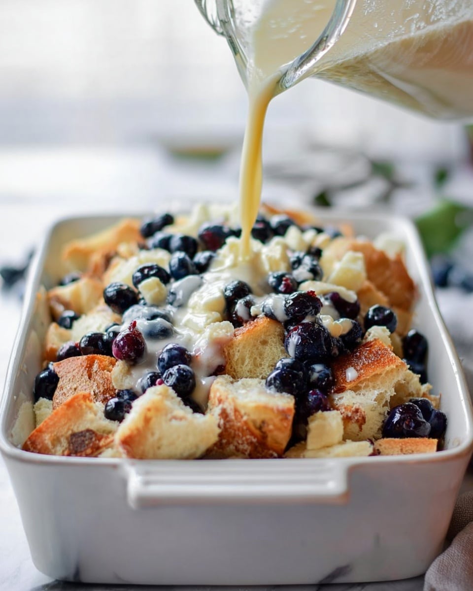 The image shows a white rectangular baking dish filled with a mix of torn white bread pieces and fresh blueberries scattered evenly throughout. On the right side, a creamy liquid is being poured from a clear container over the bread and blueberries, creating a smooth texture contrast. The bread looks soft with some golden brown edges and the blueberries are round and shiny with a deep blue color. The background has a white marbled texture and sunlight softly lights the scene. photo taken with an iphone --ar 4:5 --v 7