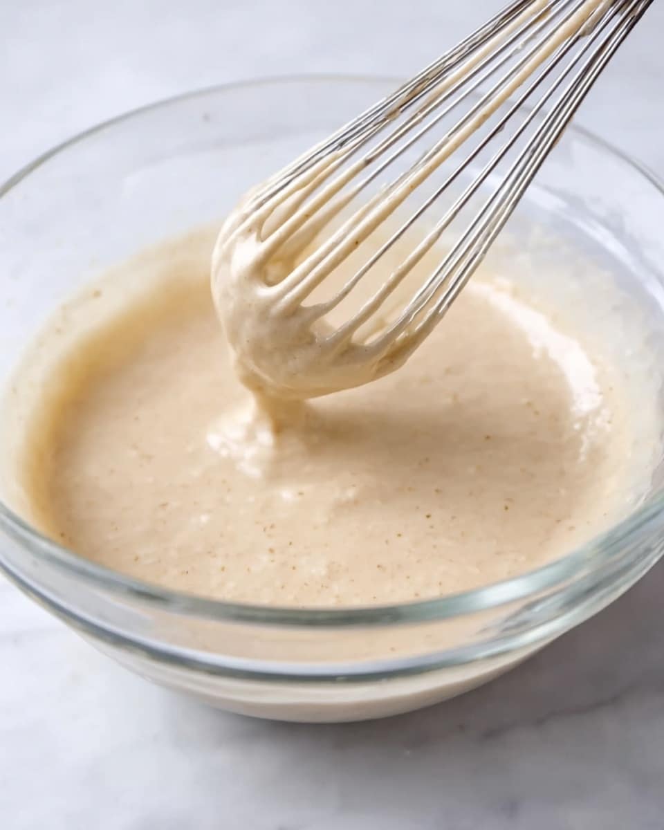 A clear glass bowl resting on a white marbled surface holds a light beige batter mixture with a smooth, creamy texture. A shiny metal whisk covered lightly with the batter is being dipped into the mixture, lifting some of it up in soft folds. The batter has tiny bubbles and specks, showing its light and airy consistency. The image focuses closely on the bowl and whisk with no other objects in the frame. Photo taken with an iphone --ar 4:5 --v 7