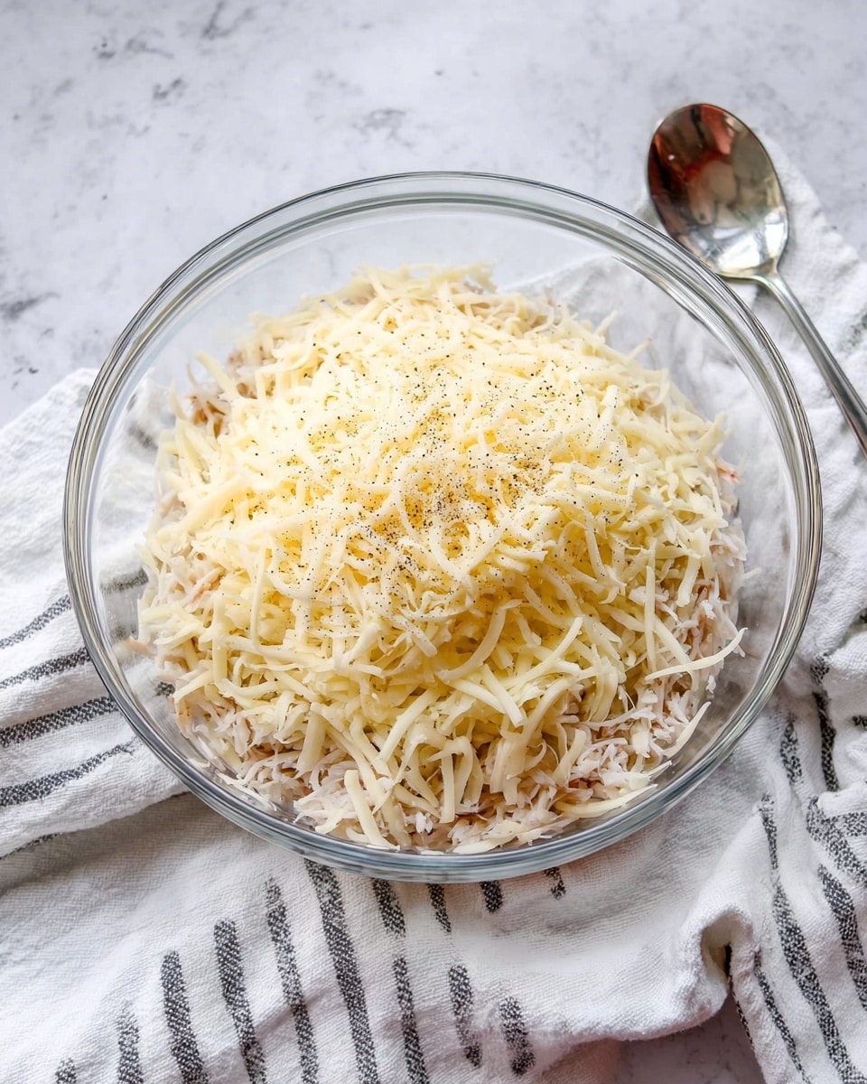 A clear glass bowl sits on a white marbled surface with a white cloth featuring thin black stripes beside it. Inside the bowl, the bottom layer is a mix of finely shredded pale pink and beige pieces, topped with a thick, generous layer of shredded pale yellow cheese. The cheese layer has a soft, stringy texture with some black pepper sprinkled over the top, adding small dark specks. A shiny silver spoon rests next to the bowl. Photo taken with an iphone --ar 4:5 --v 7