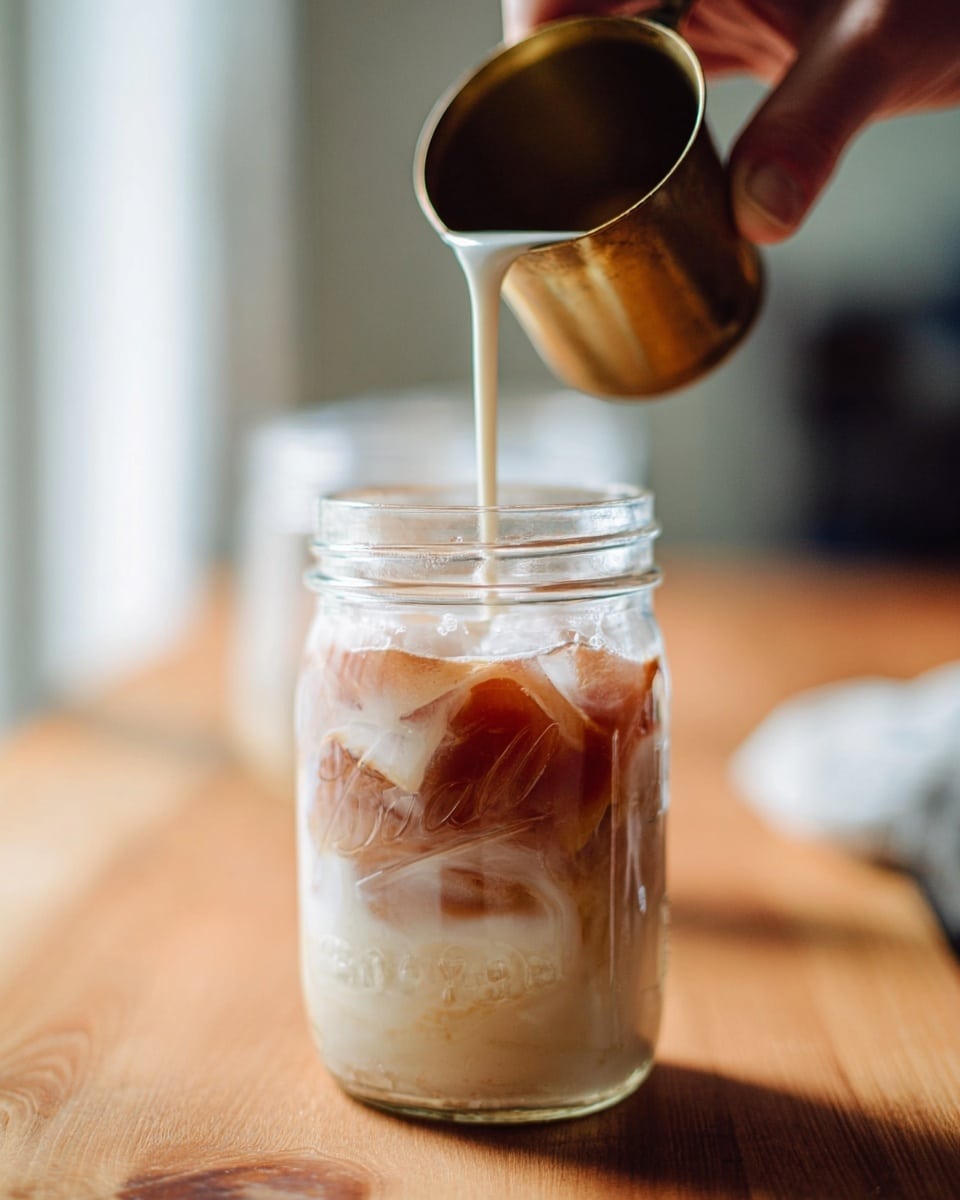 The image shows a clear glass jar filled with a drink that has three layers: the bottom layer is a light brown liquid with ice cubes, the middle layer is a creamy white blending with the brown, and the top layer is frothy white foam. Above the jar, a woman's hand is holding a small brass cup pouring more creamy liquid into the jar. The scene is set on a warm wooden table with a soft, out-of-focus background. photo taken with an iphone --ar 4:5 --v 7