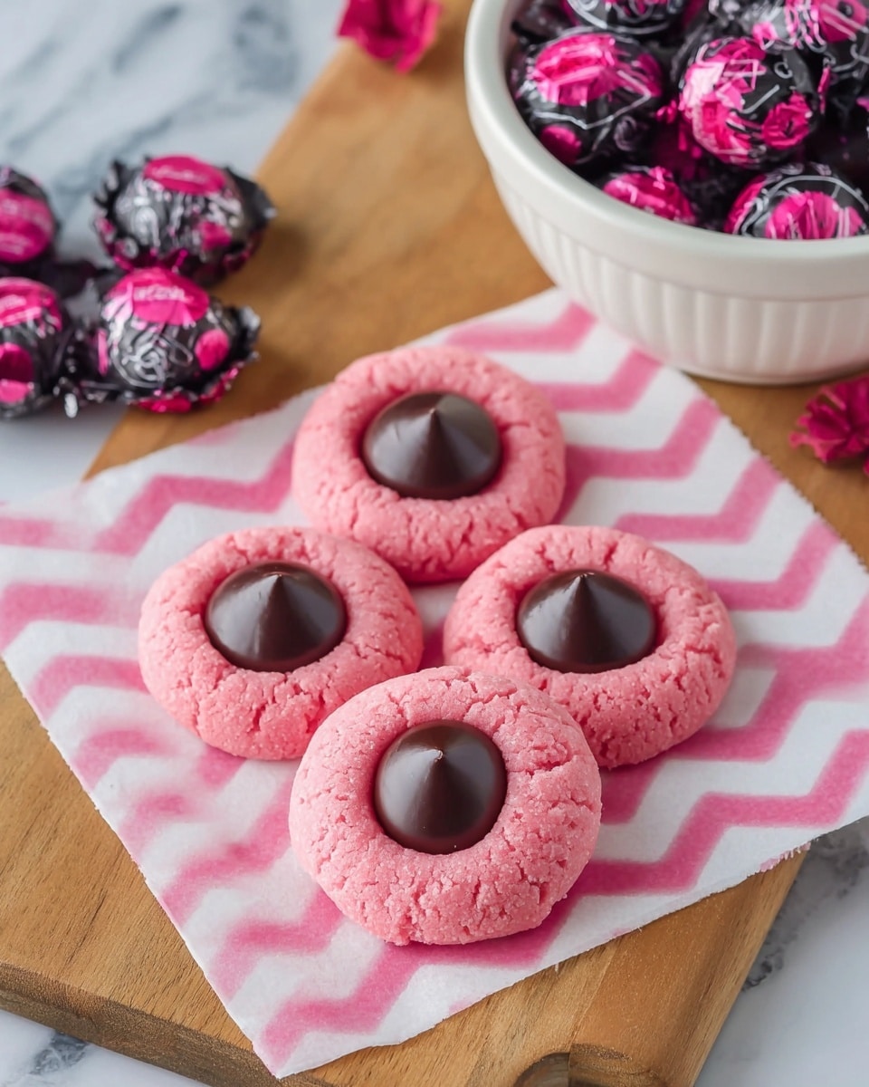 The image shows four round pink cookies with a slightly rough texture on a white and pink zigzag patterned paper, placed on a wooden board with a light finish. Each cookie has a smooth dark chocolate candy pressed into its center, creating a contrast with the bright pink dough. To the side, there are several shiny wrapped chocolates in black wrappers with pink and white designs, some loose and some in a small white bowl. The background surface is a white marbled texture, and the whole scene is lit softly, giving a fresh and inviting look. Photo taken with an iphone --ar 4:5 --v 7