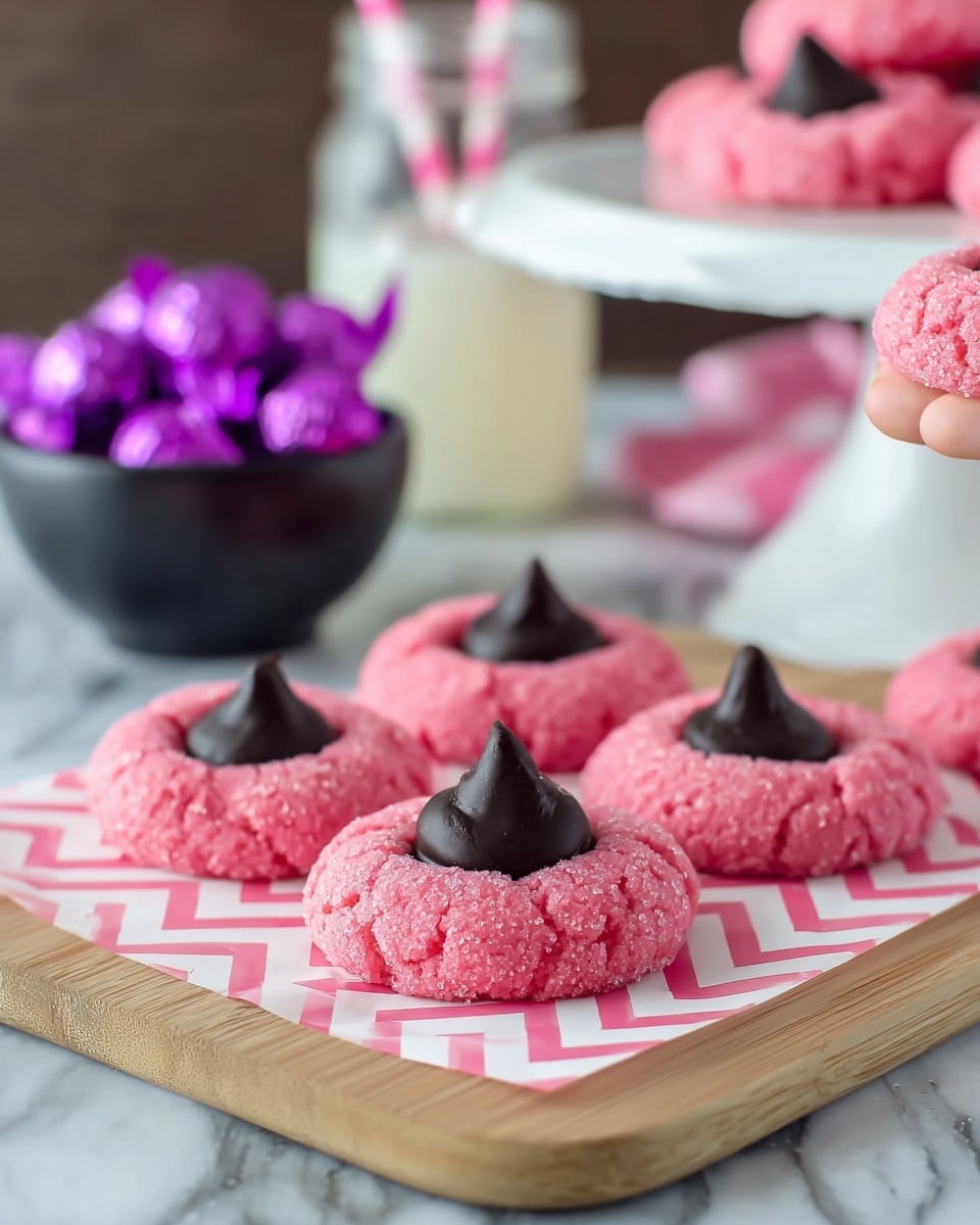 The image shows bright pink cookies with a sugar texture, each topped with a large, dark chocolate drop in the center. There are five cookies on a piece of white paper with a pink chevron pattern, placed on a light wooden board resting on a white marbled surface. In the background, more cookies sit on a white cake stand, and a woman's hand is holding one of the cookies. Also, there is a black bowl filled with purple-wrapped chocolate drops and a glass jar with a white drink and two striped straws. The focus is on the five front cookies, showing their soft and slightly crumbly texture, with the dark chocolate drops contrasting against the bright pink color. photo taken with an iphone --ar 4:5 --v 7