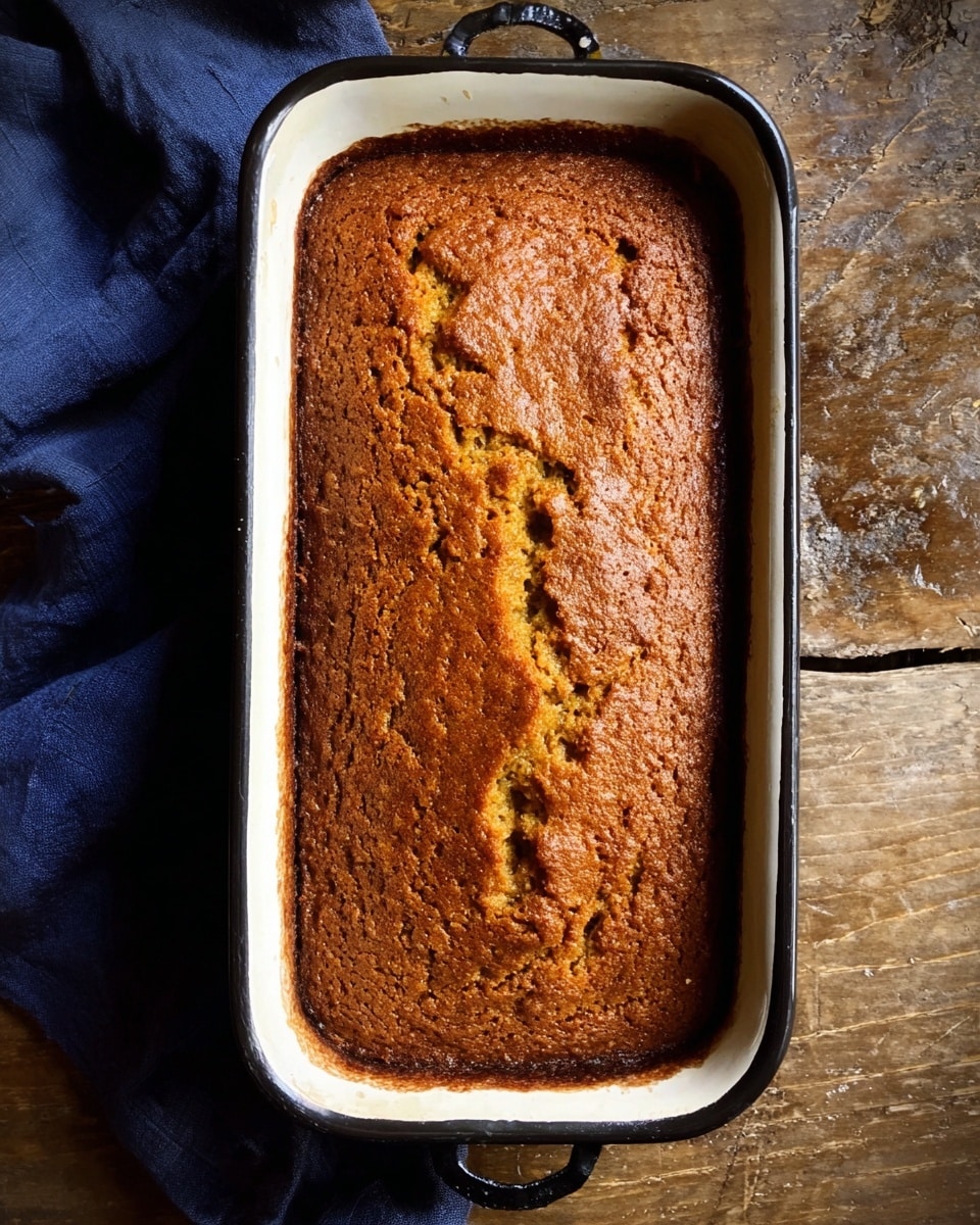 A single rectangle-shaped loaf cake with a rough, golden-brown crust sits in a white enamel baking dish with black trim. The cake’s top shows some cracks and uneven texture, giving it a rustic look. The dish is on a rustic wooden table with a dark blue cloth partially visible on the left side. photo taken with an iphone --ar 4:5 --v 7