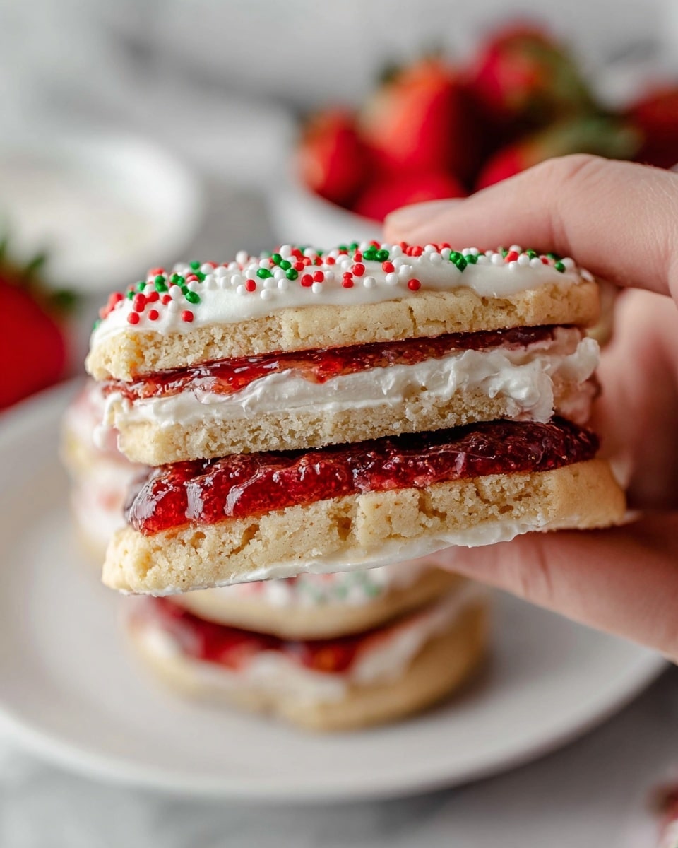 A close-up of a hand holding a sandwich cookie with three main layers: the top and bottom layers are light golden beige cookies with a slightly crumbly texture, the middle layer is a thick, vibrant red jam with a glossy surface, and there are layers of white creamy frosting on the outside edges of the cookie. The top frosting is decorated with tiny red and green sprinkles. The background shows blurred fresh strawberries, and the cookie is held above a white plate on a white marbled surface. photo taken with an iphone --ar 4:5 --v 7