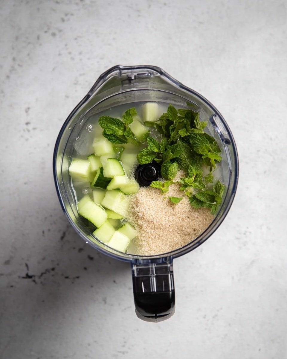 A metal blender container with a black handle is shown from above, sitting on a white marbled texture surface. Inside, there are three visible layers: small green cucumber cubes on the left side, a mound of granulated light brown sugar-like substance on the right, and scattered fresh green mint leaves resting on top of the sugar. There is also some clear liquid at the bottom, partially filling the blender with a small piece of ice visible near the cucumbers. The scene is bright and simple, with the contents neatly arranged. photo taken with an iphone --ar 4:5 --v 7