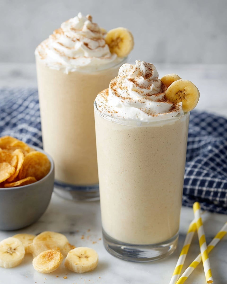 Two tall glasses filled with a creamy light beige smoothie. Each glass has a thick layer of white whipped cream on top, sprinkled lightly with brown spice. Two small, round, golden banana chips sit on the whipped cream of the glass on the right. A yellow-and-white striped straw is placed in the whipped cream of the same glass. The glasses are set on a white marbled surface with a blue and white checkered cloth in the background. Photo taken with an iphone --ar 4:5 --v 7