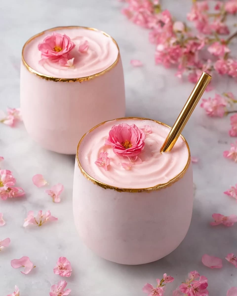 Two white glasses with golden rims hold a smooth, light pink creamy drink, each topped with a delicate pink rose flower and scattered rose petals floating on the surface. They sit on a round white plate with small pink rose blossoms and petals around its edges. The background is a white marbled texture, creating a soft and elegant look. photo taken with an iphone --ar 4:5 --v 7