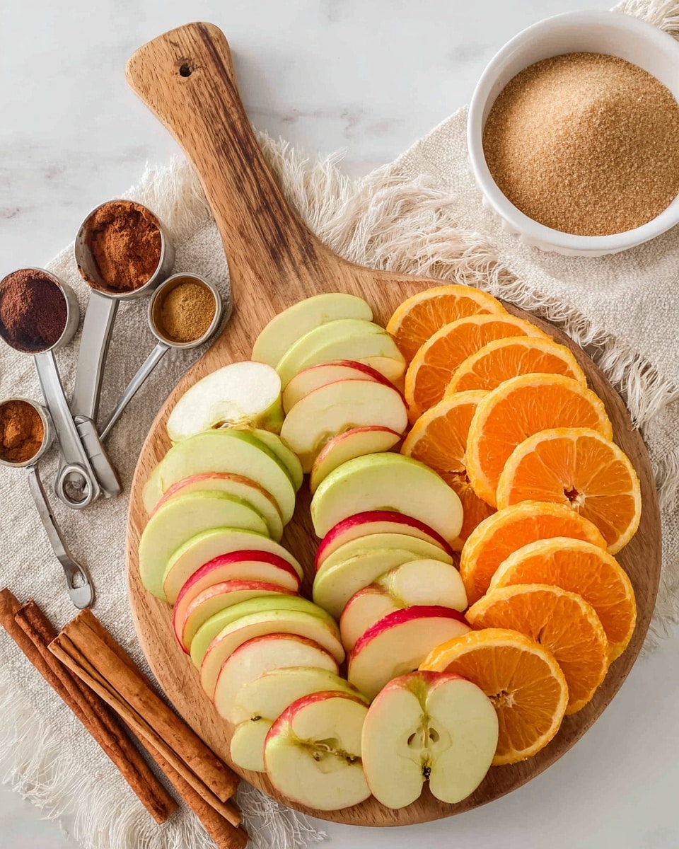 The image shows a wooden board on a white marbled surface holding two layers of thin fruit slices. The bottom layer has pale green apple slices with red edges arranged closely together, while the top layer features bright orange slices overlapping the apples. In the top right corner, a white bowl filled with light brown sugar sits next to a cream-colored cloth with fringes. On the left side, four cinnamon sticks lie diagonally with three metal measuring spoons holding ground spices nearby, one spoon is full of dark brown powder, another with a medium brown powder, and the last with a lighter brown powder. Photo taken with an iphone --ar 4:5 --v 7
