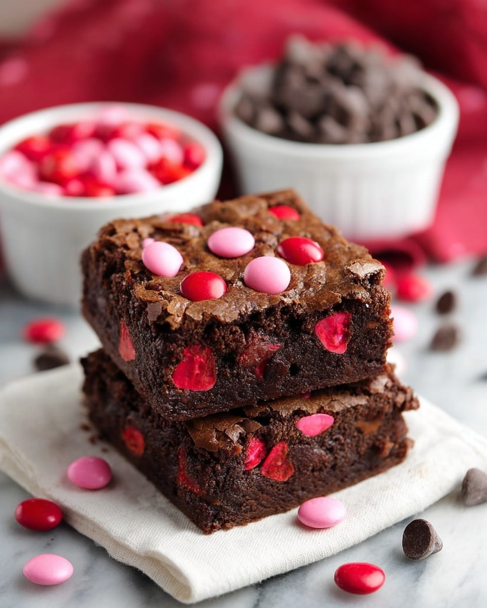Two stacked square brownies are shown, each with a rich dark brown color and a slightly cracked surface. The brownies are studded with bright pink and red candy-coated chocolates, some whole and some partially melted into the brownie. A few more pink, red, and dark brown chocolates are scattered around the brownies on a white cloth. The background is a white marbled texture photo taken with an iphone --ar 4:5 --v 7