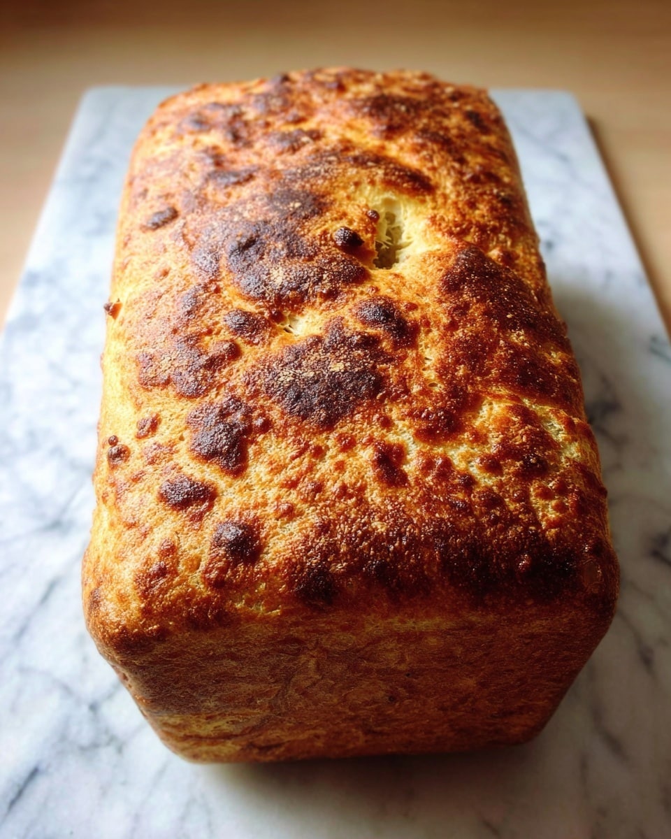 A rectangular loaf of bread with a golden-brown crust showing a rough, textured surface with small bubbles and darker toasted spots. The top has some cracks and a small open area revealing a hint of the soft, lighter interior. The loaf is placed on a white marbled surface that contrasts with the warm tones of the bread. photo taken with an iphone --ar 4:5 --v 7
