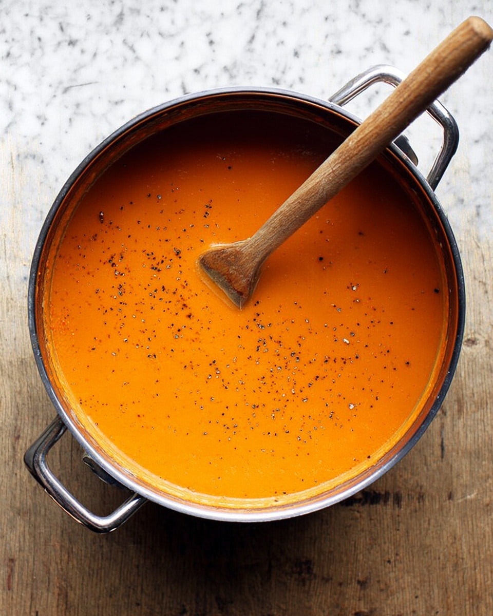 A metal pot filled with smooth orange soup with a thick creamy texture. The soup has small black pepper specks scattered over the surface. A wooden spoon rests inside the pot, partially submerged in the soup with the handle sticking out. The pot sits on a white marbled surface, showing contrast between the bright orange soup and the background. Photo taken with an iphone --ar 4:5 --v 7