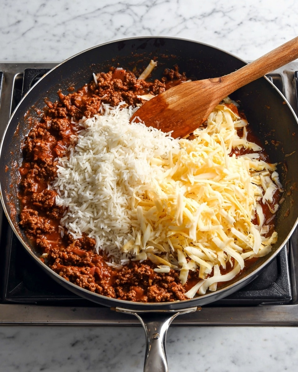 A black frying pan holds a mix of three main layers on a stove: the bottom layer is browned ground meat in a reddish sauce, on top of it sits a pile of cooked white rice in the center, and to the right of the rice is a mound of shredded yellow and white cheese. A wooden spoon rests in the pan, partially on the cheese and meat mixture. The surface below the stove is a white marbled texture. Photo taken with an iphone --ar 4:5 --v 7