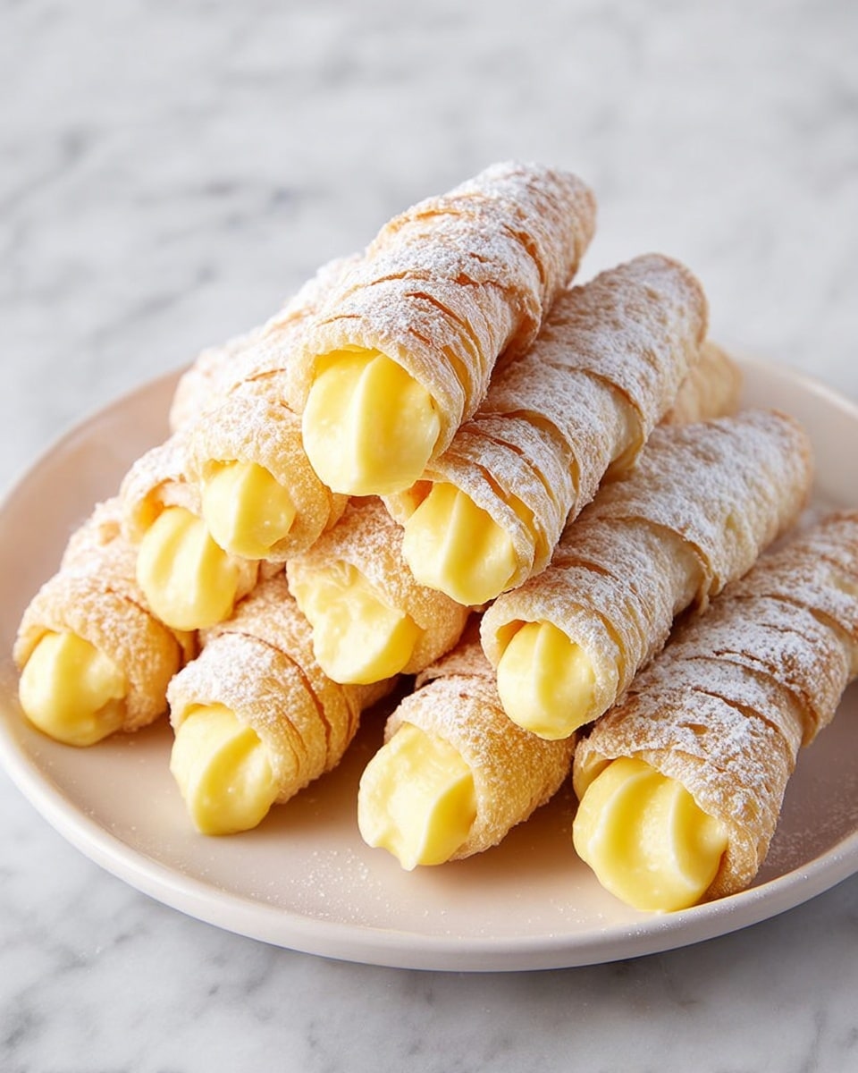 A close-up view of several small crescent-shaped pastries stacked on a white plate. Each pastry has a light beige, flaky outer layer dusted with powdered sugar, giving it a soft, textured look. Inside, a bright yellow creamy filling is visible, smoothly swirled and peeking out from the open ends of the pastries. The plate rests on a white marbled surface with soft natural light highlighting the delicate powder and glossy cream. photo taken with an iphone --ar 4:5 --v 7