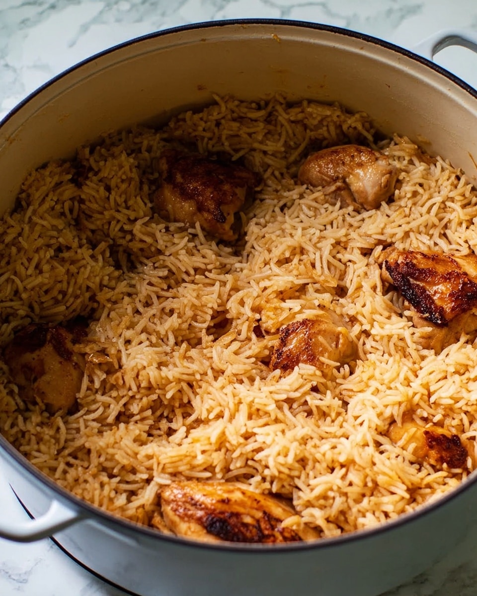 A large grey pot filled with cooked rice and pieces of browned chicken showing on top. The rice is light brown, mixed evenly throughout the pot, with the chicken pieces slightly sunken into the rice but visible with a darker browned crust. The pot sits on a white marbled surface. photo taken with an iphone --ar 4:5 --v 7