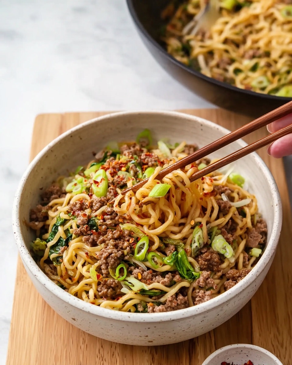 A white speckled bowl filled with cooked yellow noodles mixed with small pieces of browned ground meat, green leafy vegetables, and sliced green onions on top. There are also light-colored bean sprouts mixed in and a small pile of red chili flakes on one side. A pair of wooden chopsticks held by a woman's hand is lifting some noodles from the bowl. In the background, a black pan of more noodle mixture is partially visible on a light wooden surface with a white marbled texture behind. Photo taken with an iphone --ar 4:5 --v 7