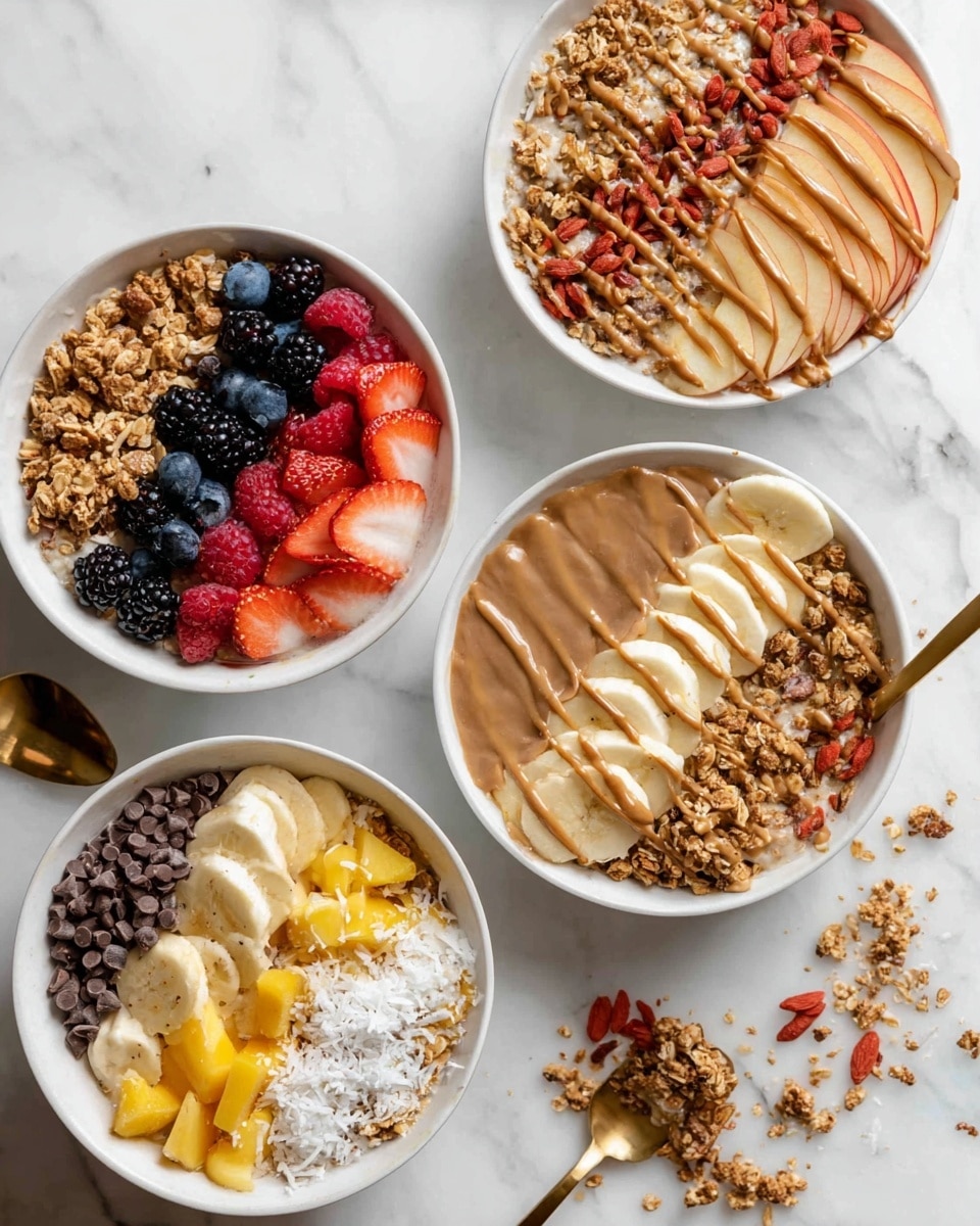 Four white bowls filled with different oatmeal dishes rest on a white marbled surface. The top left bowl has a layer of oatmeal topped with granola, lightly sliced apple pieces arranged in a fan shape, and a drizzle of nut butter. The top right bowl features oatmeal with granola beside a row of fresh strawberries, blackberries, raspberries, and blueberries, all drizzled with nut butter. The bottom left bowl contains oatmeal covered with granola, bright chunks of pineapple and cantaloupe, dried goji berries, and scattered white coconut flakes. The bottom right bowl offers a mix of oatmeal and granola with sliced bananas over small chocolate chips, a thick spread of chocolate nut butter filling the rest of the bowl, and a golden spoon resting inside. Photo taken with an iphone --ar 4:5 --v 7