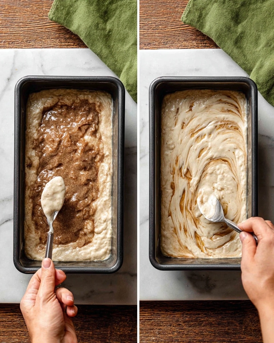 The image shows a two-part step in preparing a bread pan filled with pale, thick batter. On the left side, a woman's hand holds a spoon spreading a dark cinnamon and sugar mix over the batter in the top layer, creating a rough, textured surface. On the right side, another woman's hand uses a spoon to gently swirl the cinnamon mixture into the batter, forming light brown streaks against the creamy batter layer. The bread pan is black and sits on a white marbled surface with a green cloth partially visible at the top edge. Photo taken with an iphone --ar 4:5 --v 7