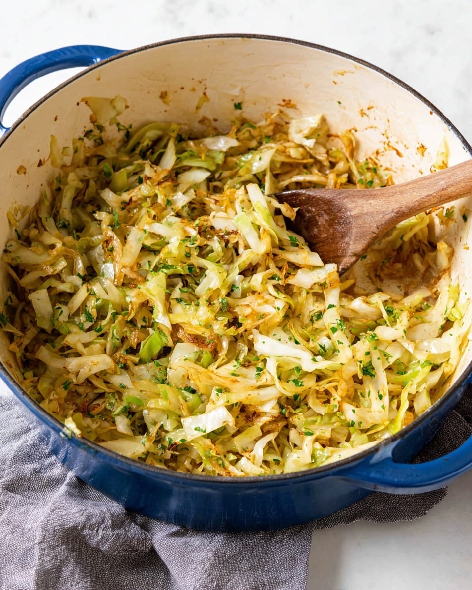 A blue pot filled with cooked shredded cabbage that is lightly browned and mixed with green herbs, creating a mix of light yellow and green colors. The cabbage looks soft with some pieces having a slightly crispy texture. A wooden spoon is inside the pot, stirring the cabbage. The pot is placed on a white marbled surface with a gray cloth next to it. photo taken with an iphone --ar 4:5 --v 7