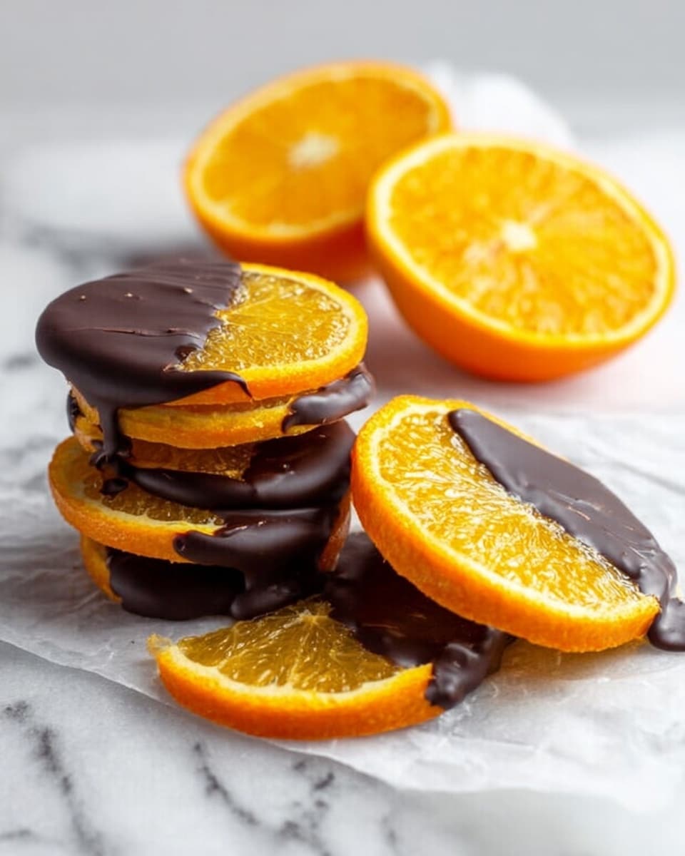 The image shows a stack of thin orange slices partially covered in dark chocolate, layered one on top of another, with some chocolate coating dripping on the sides. The orange slices are bright with a shiny, juicy texture, and the dark chocolate has a smooth, glossy finish. There are two half orange pieces in the background, showing their fresh, bright inner flesh. The fruit and chocolate arrangement sits on a white marbled surface, giving a clean and fresh look. Photo taken with an iphone --ar 4:5 --v 7