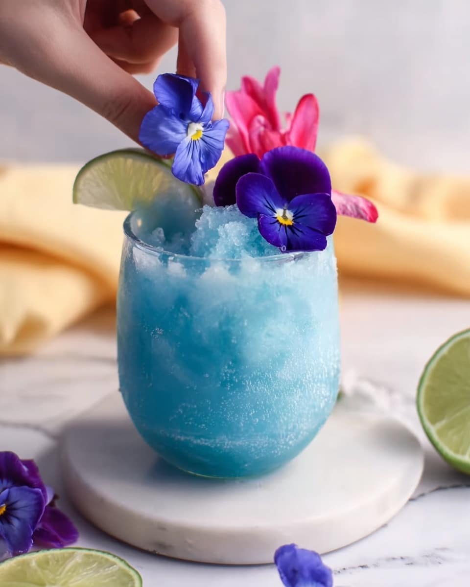 The image shows a short, rounded glass filled with a bright blue, creamy drink with a slightly icy texture. On top, colorful edible flowers in deep purple and bright pink rest gently on the surface, adding a fresh and vibrant touch. A woman's hand is carefully placing one of the flowers on the drink. The glass sits on a white marble surface with a light yellow cloth softly blurred in the background, and a slice of lime is visible to the side. Photo taken with an iphone --ar 4:5 --v 7