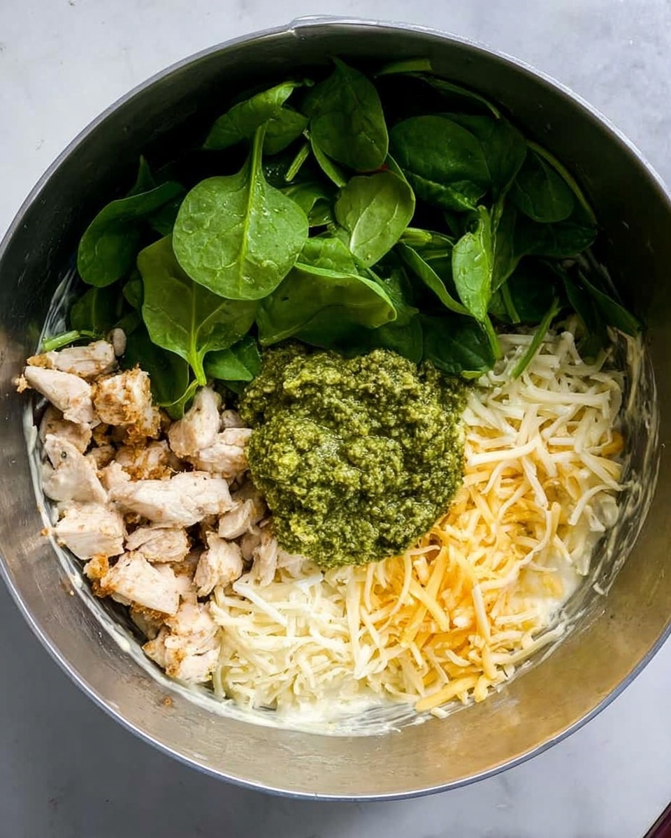 Inside a large silver pot, there are four visible layers arranged side by side. On the top left is a pile of fresh dark green spinach leaves that look soft and fresh. Below the spinach, on the bottom left, are small pieces of light brown cooked chicken, cut into chunks. To the bottom right of the chicken is a heap of shredded pale yellow cheese with soft texture. On the top right, there is a thick green dollop of pesto sauce with visible bits of herbs. All the ingredients sit above a creamy white sauce visible beneath them in some spots. The pot is set on a white marbled surface. photo taken with an iphone --ar 4:5 --v 7