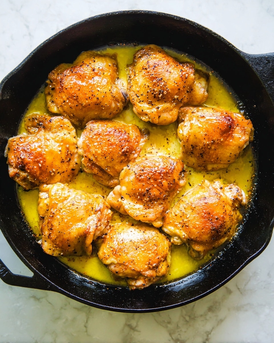 A black cast iron pan filled with ten pieces of golden brown cooked chicken thighs arranged closely to cover the pan bottom; the chicken has a slightly crispy, seasoned skin with visible black pepper and spices, sitting in a shallow pool of yellow cooking oil. The background is a white marbled surface. Photo taken with an iphone --ar 4:5 --v 7