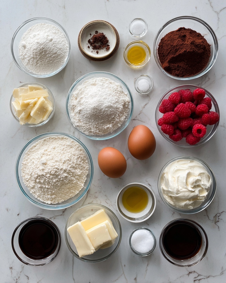 The image shows many clear glass bowls and cups with ingredients placed neatly on a white marbled surface. There are two whole brown eggs near the center, surrounded by bowls of white flour, powdered sugar, granulated sugar, cocoa powder, white cream, and red raspberries. Other small bowls hold butter, a white block of cream cheese, dark liquid (likely vanilla or coffee), oil, and small amounts of white and dark powders. The arrangement is flat and orderly, with each ingredient clearly visible in its own container. Photo taken with an iphone --ar 4:5 --v 7