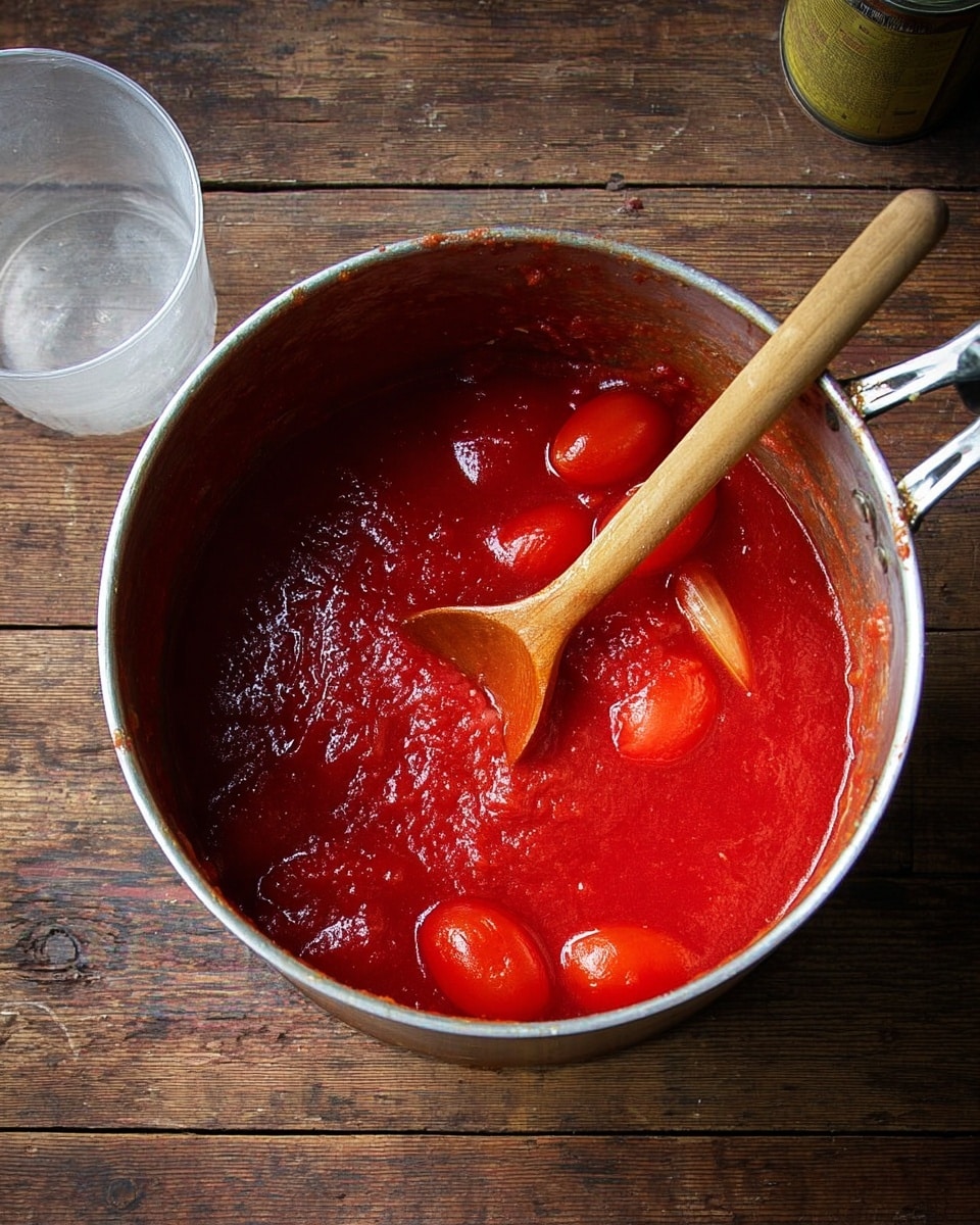 A metal pot filled with thick red tomato sauce that contains whole peeled tomatoes and a large piece of onion submerged in the sauce. A wooden spoon is stirring inside the sauce, with its handle resting on the edge of the pot. The pot is placed on a wooden surface, and nearby there is a clear plastic cup and a metal can. Photo taken with an iphone --ar 4:5 --v 7