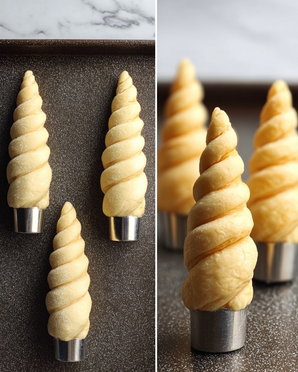 Two close-up side-by-side images show five metal cone shapes wrapped with dough. The dough is pale yellow and smooth, spiraled evenly around each metal cone from base to tip. The metal cones are shiny silver and placed upright on a dark, speckled baking tray with a rough texture. The background surface is white marble. The left image shows the dough-wrapped cones before baking, while the right image shows the cones after baking, with the dough becoming light golden brown and puffier. photo taken with an iphone --ar 4:5 --v 7