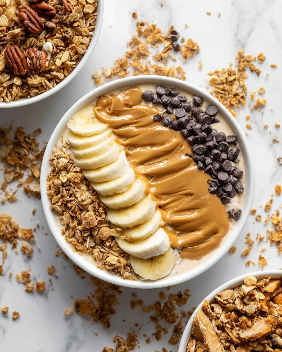 The dish is a white bowl filled with a creamy base topped with four distinct layers arranged from left to right: light brown granola with visible oats and nuts, a row of smooth, pale yellow banana slices, a line of small dark chocolate chips, and a thick layer of brown nut butter drizzled slightly. The bowl is placed on a white marbled texture surface with scattered granola pieces and chocolate chips around it. Photo taken with an iphone --ar 4:5 --v 7