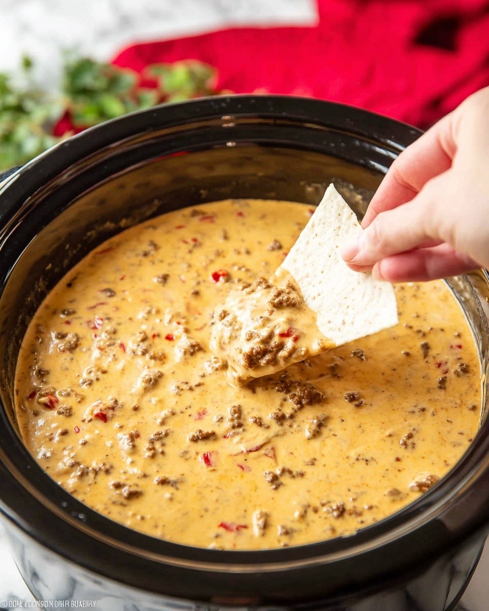 A black slow cooker filled with a thick, creamy, golden-yellow cheese dip with small chunks of browned meat and bits of red pepper spread evenly throughout. A woman's hand is dipping a white triangular tortilla chip into the dip, lifting it with a generous scoop of the creamy mixture. The background shows a blurred red cloth and some green leaves on a white marbled surface. photo taken with an iphone --ar 4:5 --v 7