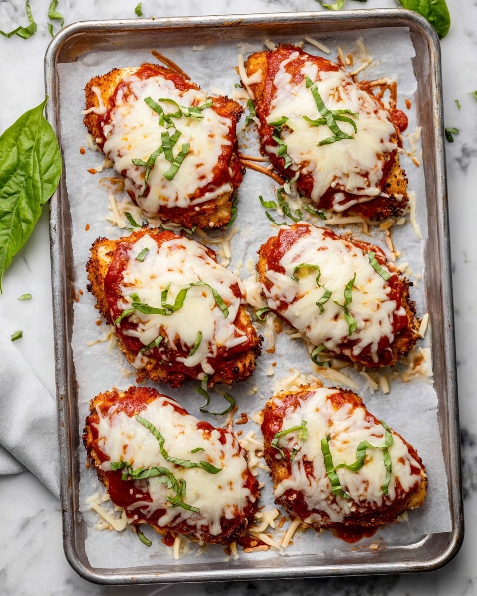 Six pieces of baked chicken topped with a thick red tomato sauce and melted white shredded cheese are arranged on a silver baking tray with parchment paper. Each piece is sprinkled with small green basil leaves, adding a fresh touch. The chicken has a browned, crispy bottom edge where the cheese and sauce have slightly melted onto the paper. The tray is placed on a white marbled surface with a few green basil leaves scattered around. photo taken with an iphone --ar 4:5 --v 7