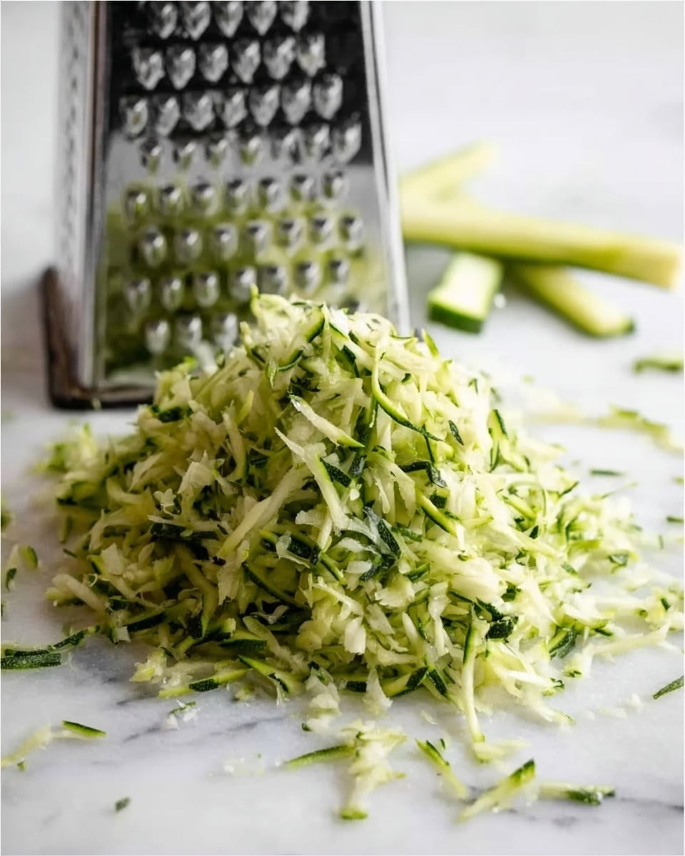 The image shows a pile of freshly shredded green zucchini placed on a white marbled surface. Behind the pile, there is a metal box grater standing upright with bits of zucchini stuck to its holes. Small scattered pieces of shredded zucchini spread around the main pile, adding to the natural, casual feel of the scene. In the background, some zucchini ends are slightly blurred, giving depth to the image. The lighting is bright and natural, highlighting the moist texture and fresh green color of the shredded zucchini. photo taken with an iphone --ar 4:5 --v 7