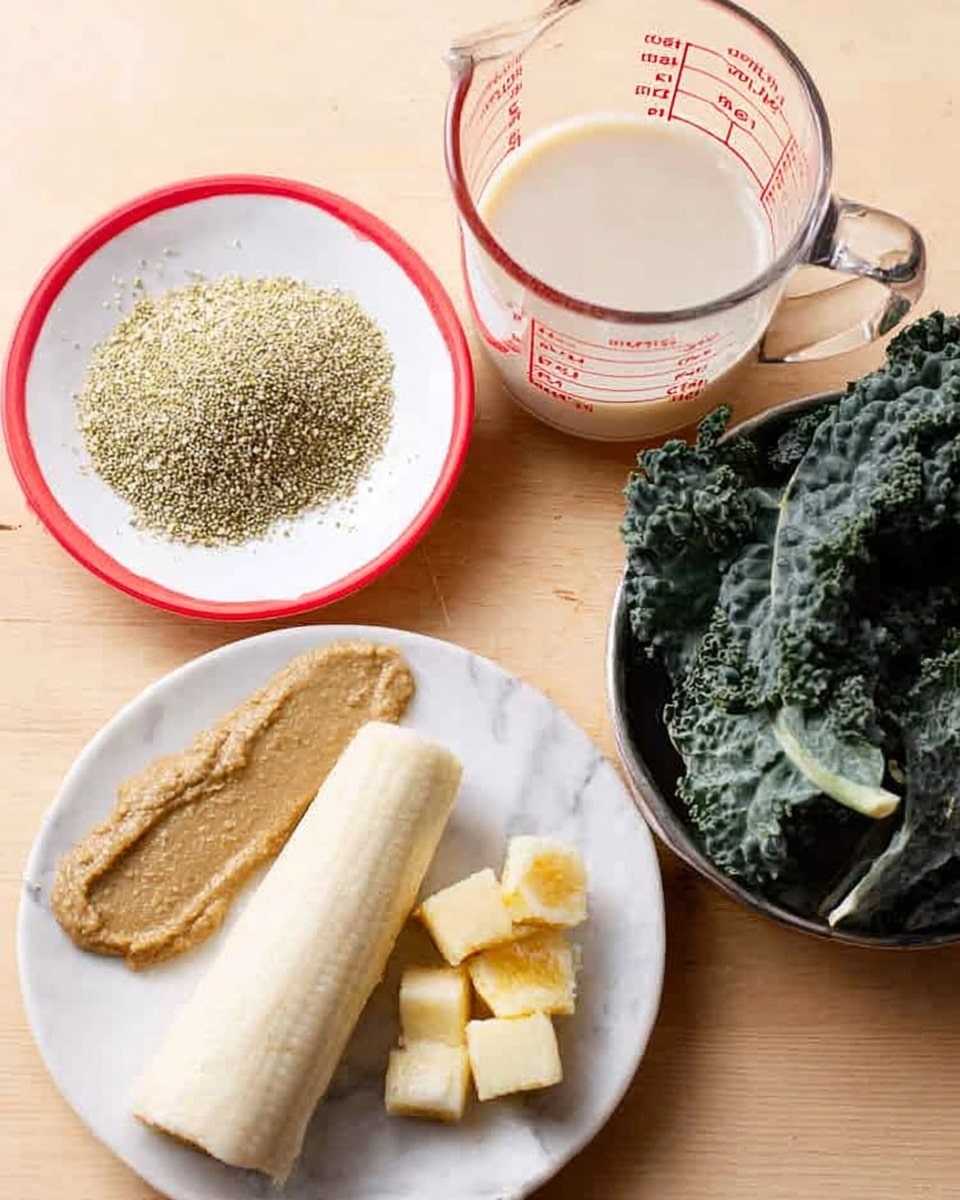 The image shows five different ingredients arranged on a white marbled surface. On the left, there is a small white plate with a red rim holding a small pile of greenish hemp seeds and a thick, light brown paste side by side. Behind it, there is a clear measuring cup with a pink liquid inside, marked with red measurement lines. On the right side, a white plate holds two frozen pale white corn pieces, some small chunks of light yellow fruit or vegetable, and a silver measuring cup filled with dark green leafy kale. The colors contrast softly with the white marbled background. Photo taken with an iphone --ar 4:5 --v 7