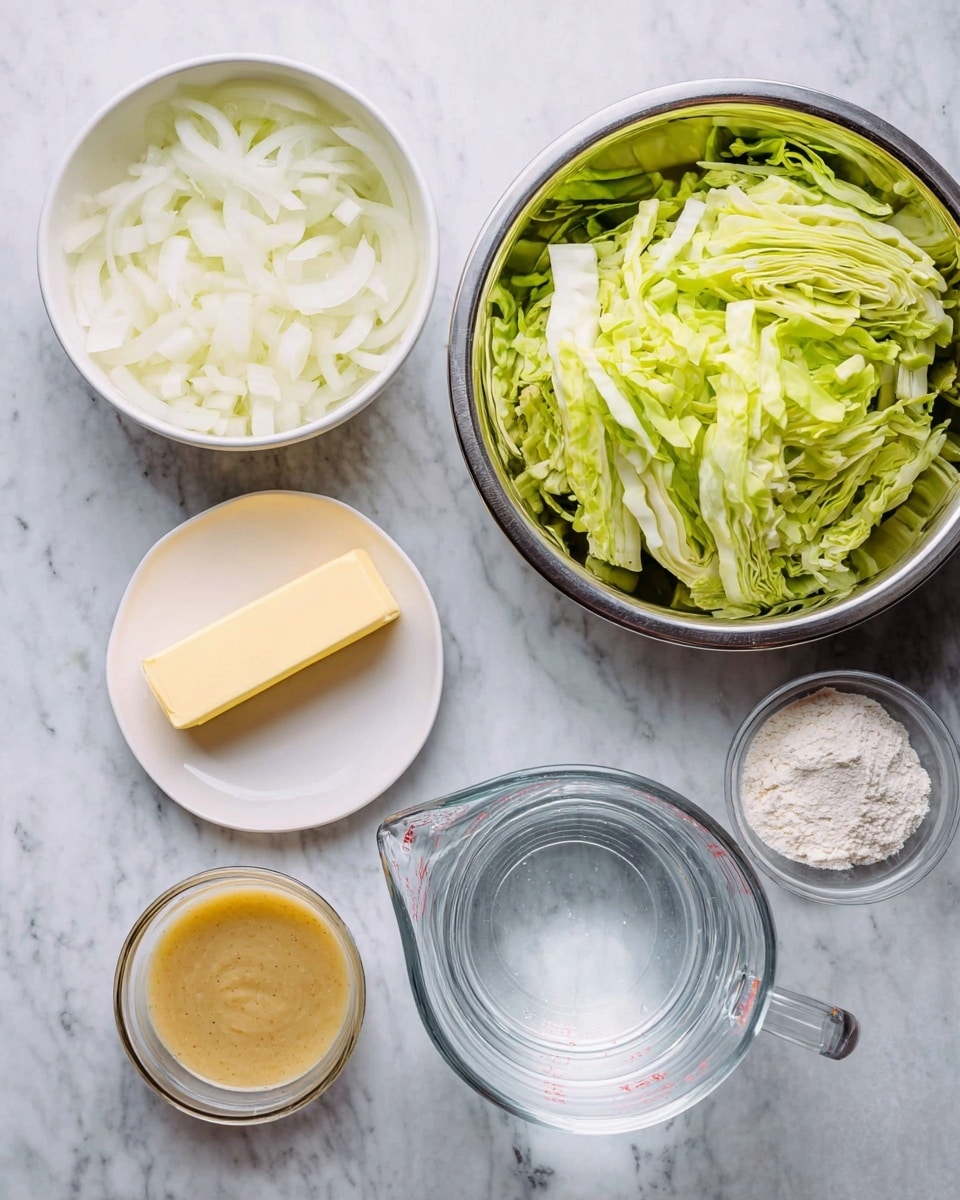 The image shows six separate containers arranged on a white marbled surface. On the top left, a white bowl holds chopped white onions, with smooth, soft layers visible. To the right, a metal bowl contains several layers of bright green shredded cabbage with a mix of lighter and darker green shades. Below the onion bowl, a small white plate holds a solid stick of creamy yellow butter. Below the plate, a clear glass measuring jug is filled with water, showing a smooth liquid surface. To the right of the jug, a small white bowl contains a light brown mustard sauce with a thick, creamy texture. Next to it, a small transparent bowl is filled with a white powder that looks like flour or baking powder. photo taken with an iphone --ar 4:5 --v 7