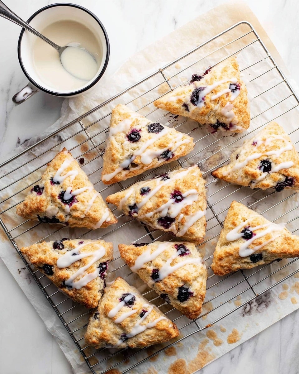 Two triangular scones are on a white plate with a black rim, placed on a white marbled surface. The scones have a golden-brown crust with visible dark purple blueberries inside and on top. A white glaze is drizzled unevenly over each scone, creating a shiny, smooth texture that contrasts with the crumbly, rough surface of the baked scones. One scone is whole, and the other is broken a little with a small piece beside it, showing the soft inside with blueberries embedded. At the top left of the image, a white mug with a black rim is filled with coffee, topped with light brown foam and dark swirls. photo taken with an iphone --ar 4:5 --v 7